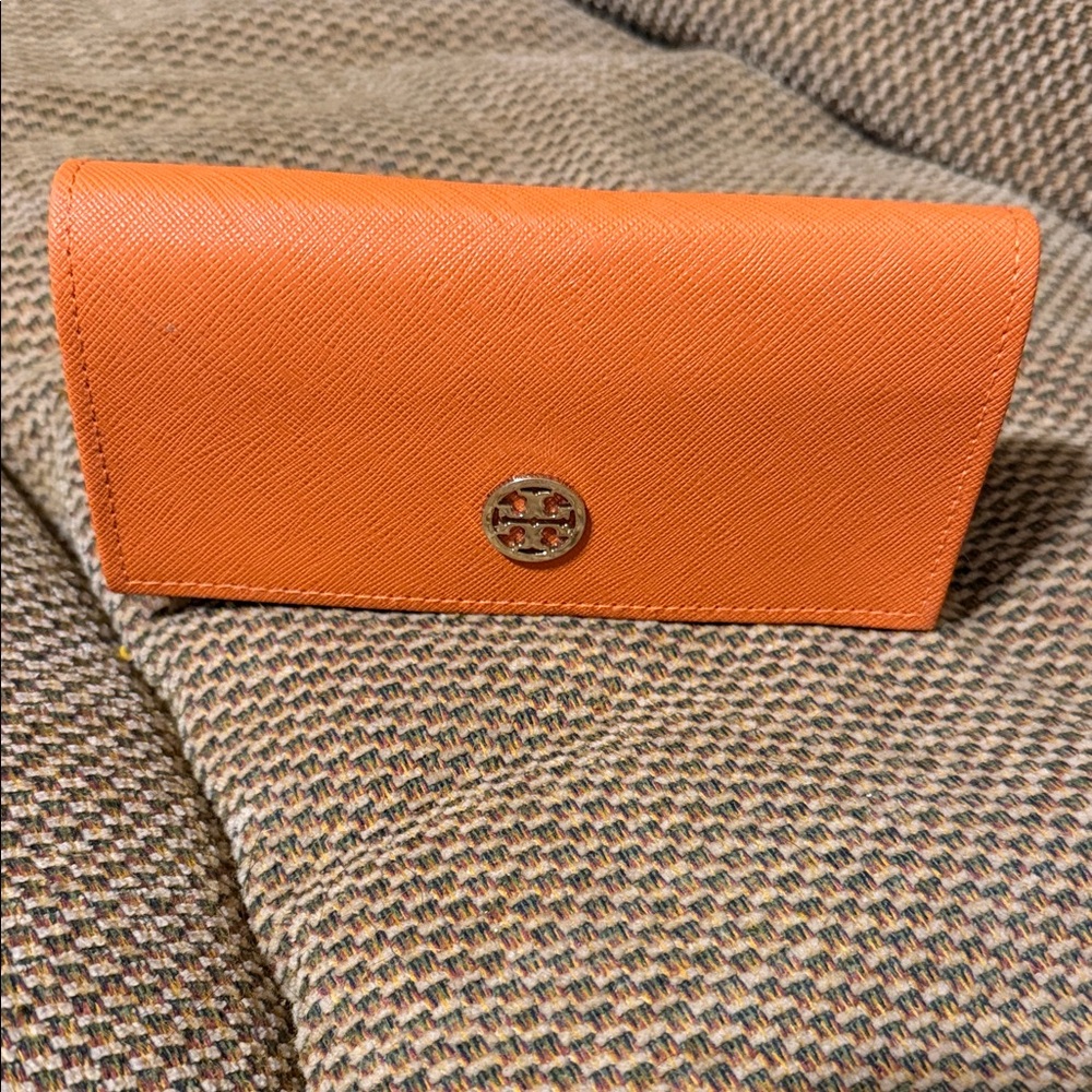 Tory Burch Saffiano Leather Orange Continental Wallet with Logo
